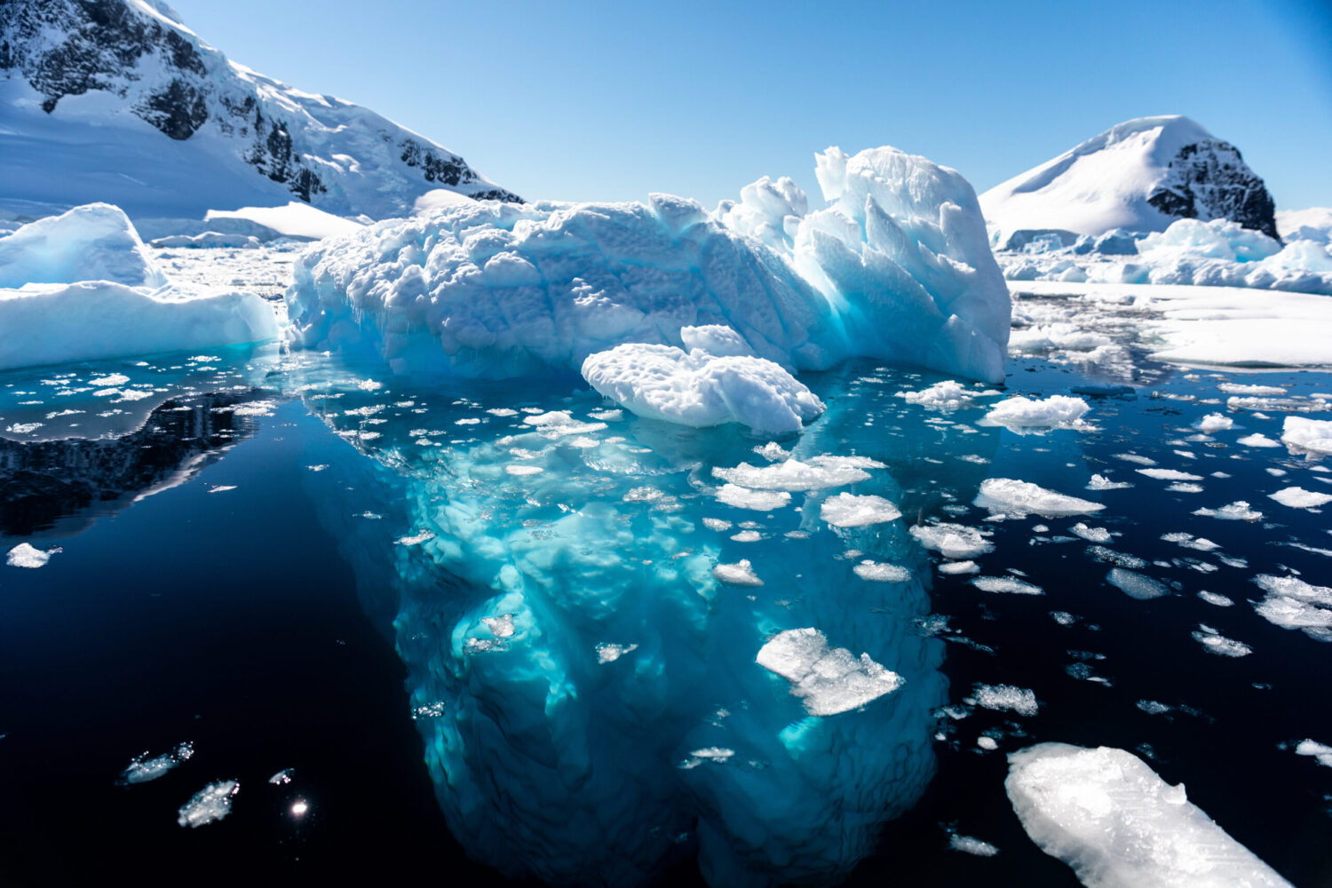 Closeup details of iceberg floating in the cold water of Antarctia